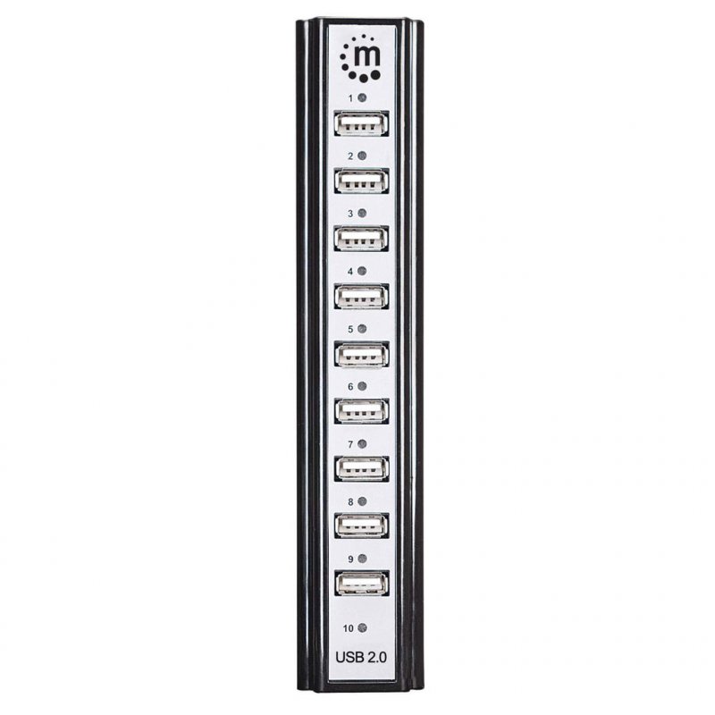 Manhattan USB-A 10-Port Desktop Hub, 10x USB-A Ports, 480 Mbps (USB 2.0), Bus or AC Power, Hi-Speed USB, Black, Three