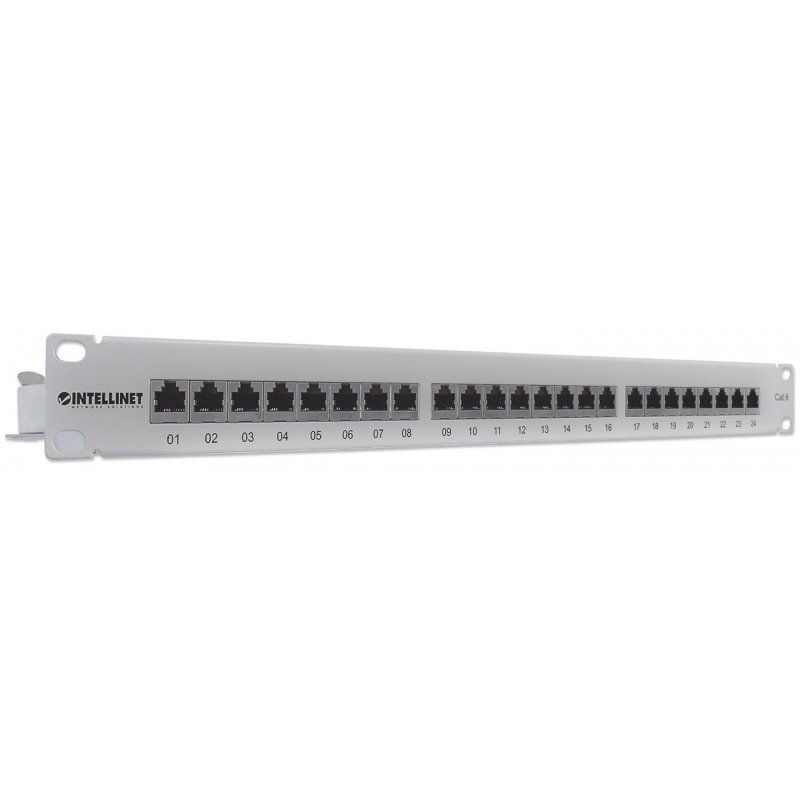 Intellinet Patch Panel, Cat6, FTP, 24-Port, 1U, Shielded, 90° Top-Entry Punch-Down Blocks, Grey