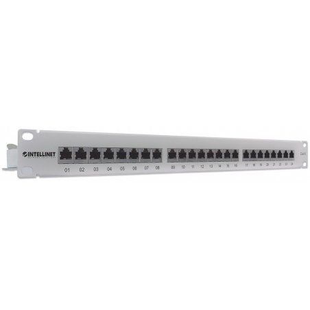 Intellinet Patch Panel, Cat6, FTP, 24-Port, 1U, Shielded, 90° Top-Entry Punch-Down Blocks, Grey