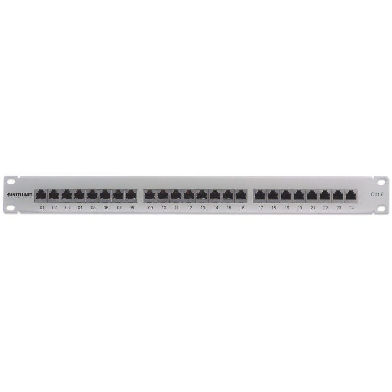 Intellinet Patch Panel, Cat6, FTP, 24-Port, 1U, Shielded, 90° Top-Entry Punch-Down Blocks, Grey