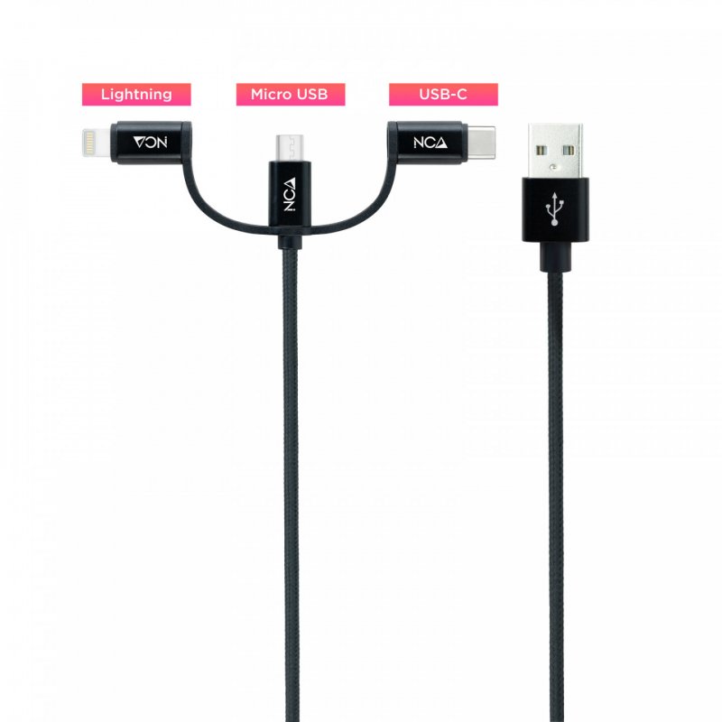 Cable 3en1 Nanocable USB-A 2.0 vers Micro USB, Type C & Lightning M/M 1m (Noir)