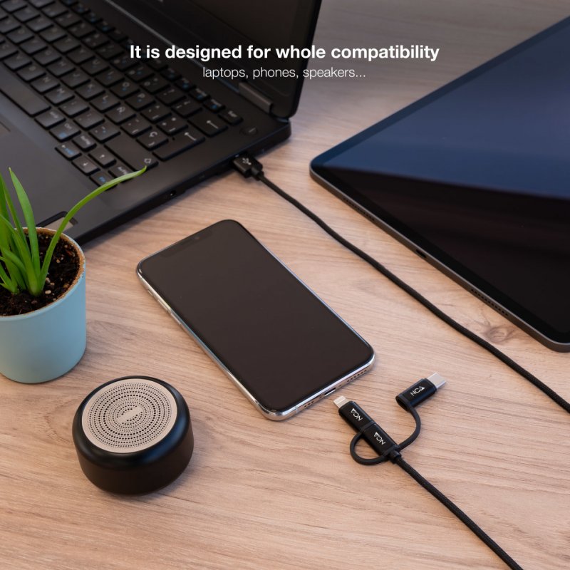 Cable 3en1 Nanocable USB-A 2.0 vers Micro USB, Type C & Lightning M/M 1m (Noir)