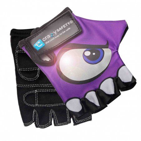 Crazy Safety - Purple kids bike gloves with reflective eyes, padded palms - Purple - Size S