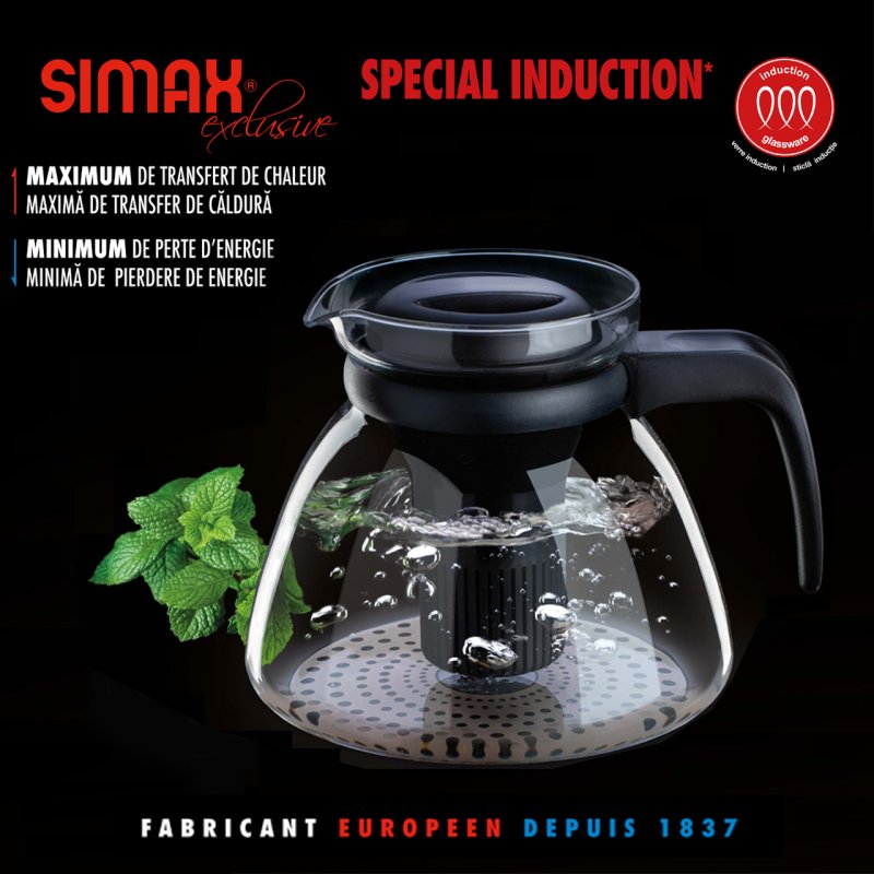 SIMAX Théière en Verre VIOLA pour Plaque Induction - Cont 1,5L - Filtre intégré - Dim : Ø17 x 14,7 cm - Exclusive