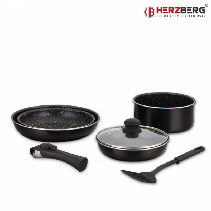 Herzberg HG-8090-7BK: 7-Pieces Marble Coated Cookware Set