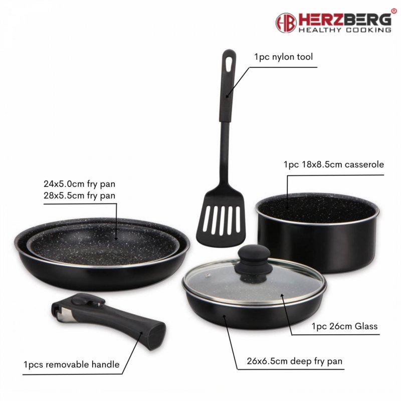 Herzberg HG-8090-7BK: 7-Pieces Marble Coated Cookware Set