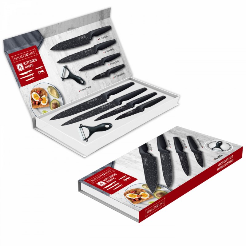 Royalty Line RL-MB4: 4 Pieces Marble Coated Knife Set with Free Ceramic Peeler