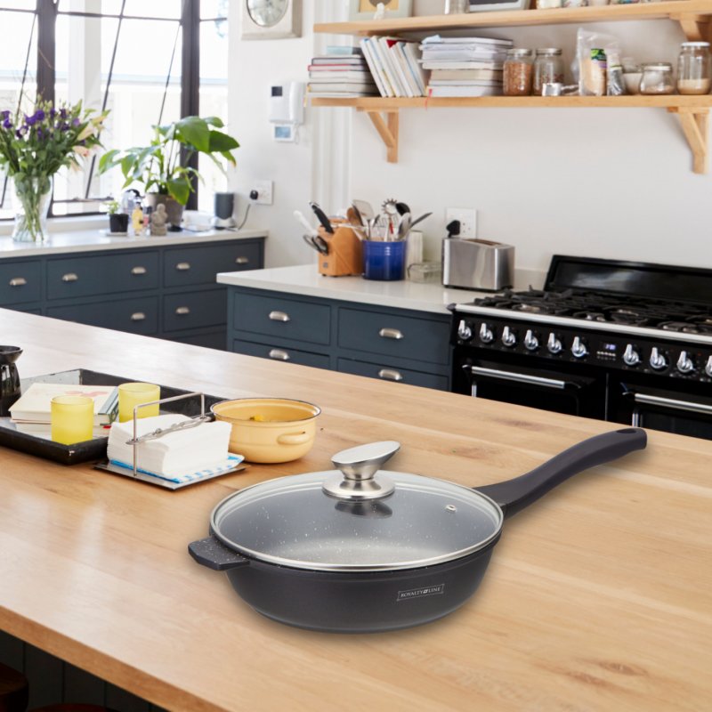 Royalty Line RL-BDF28-M: Marble Coated Cooking Pan w/ Glass Lid