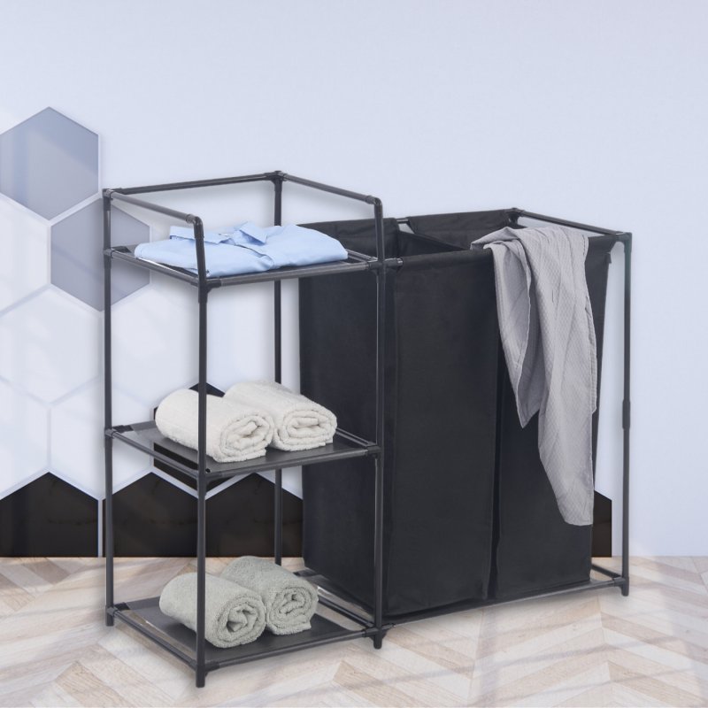 Herzberg HG-04531: 2 Detachable Bag Laundry Sorter with 3-Tier Storage Shelf