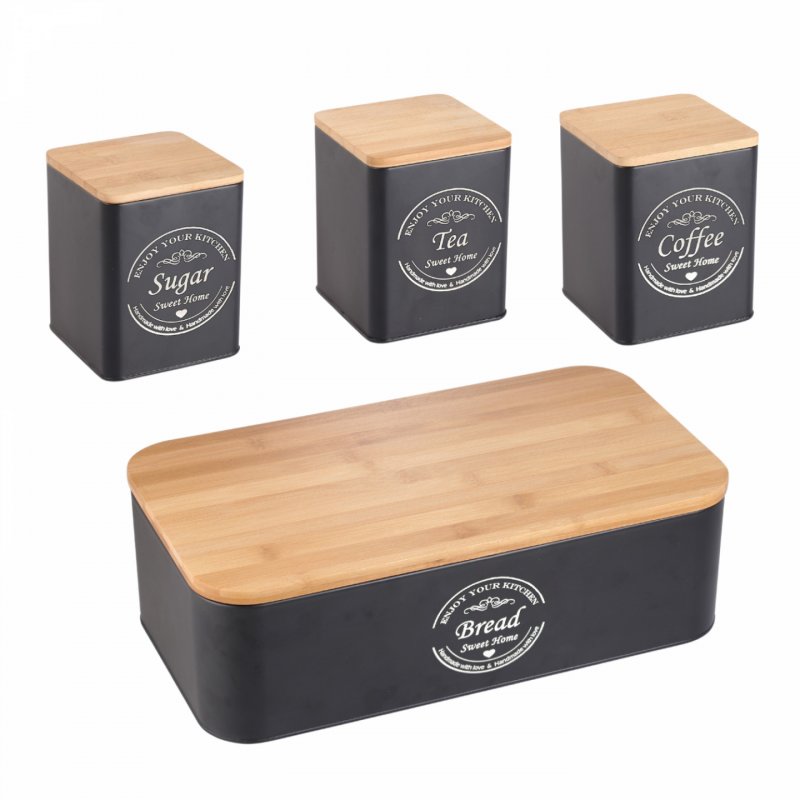 Herzberg HG-04401: 4 Pieces Bread Box Set with Cannisters - Matte Black
