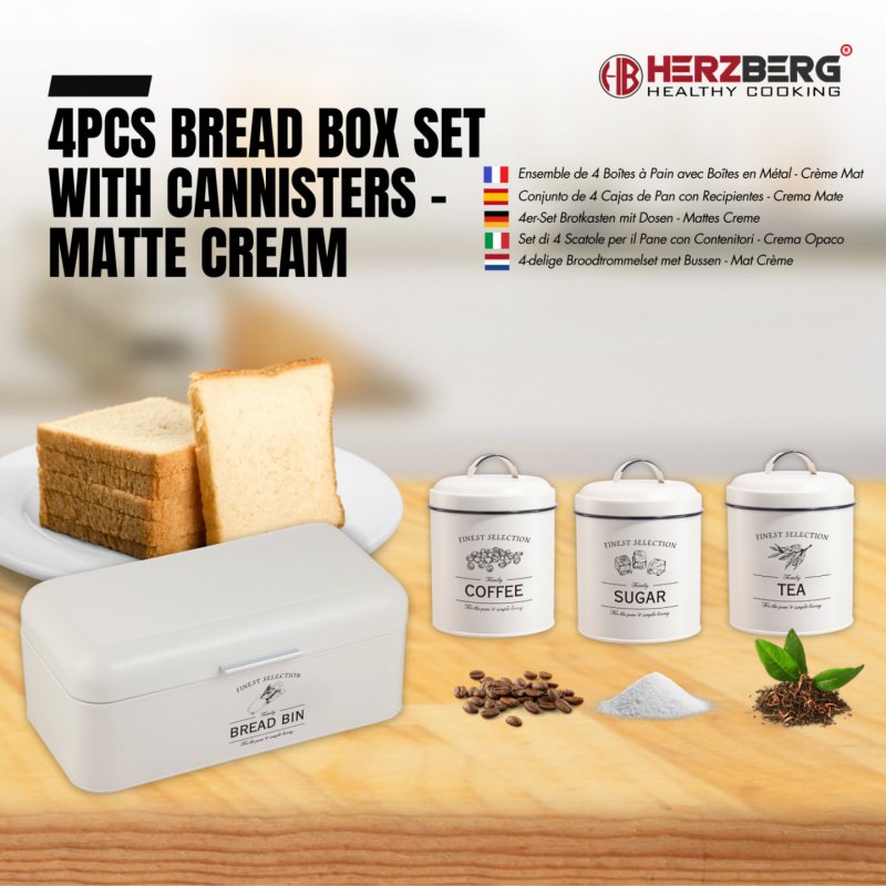 Herzberg HG-04418: 4 Pieces Vintage Bread Box and Canister Set - Matte Cream