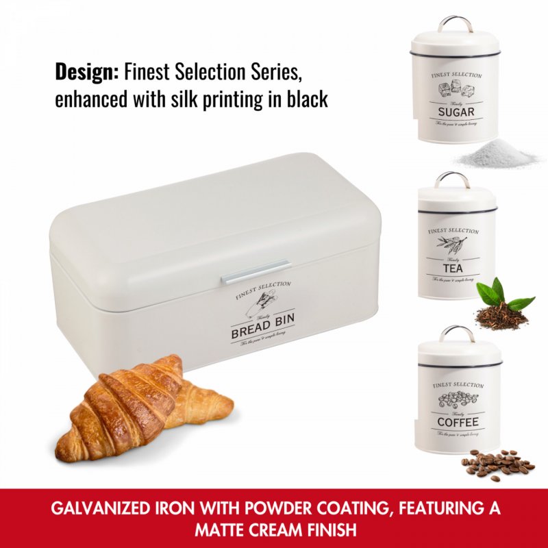 Herzberg HG-04418: 4 Pieces Vintage Bread Box and Canister Set - Matte Cream