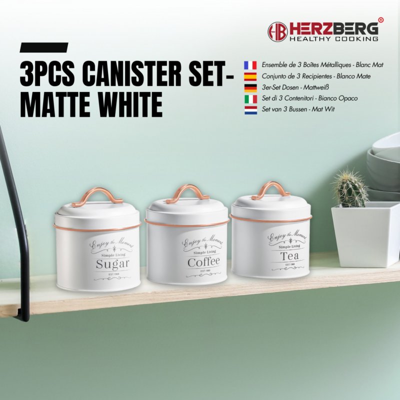 Herzberg HG-04432: 3 Pieces Vintage Caniter Set - White Rose Gold Trim