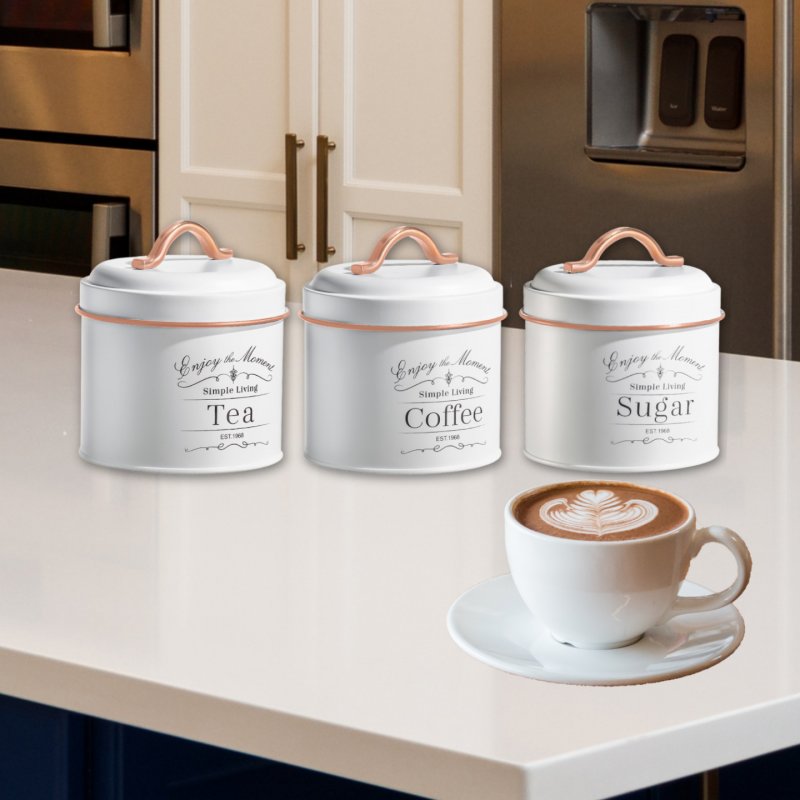 Herzberg HG-04432: 3 Pieces Vintage Caniter Set - White Rose Gold Trim