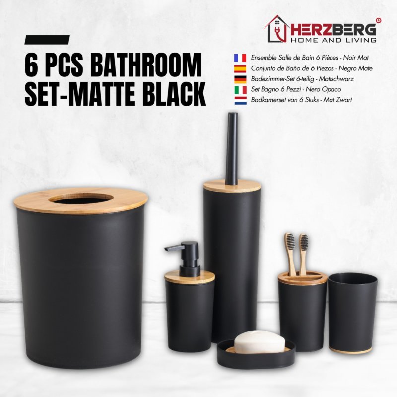 Herzberg HG-04456: 6 Pieces Bamboo Bathroom Set - Matte Black
