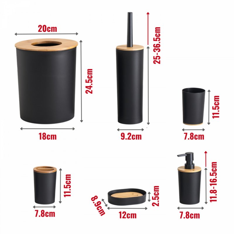 Herzberg HG-04456: 6 Pieces Bamboo Bathroom Set - Matte Black