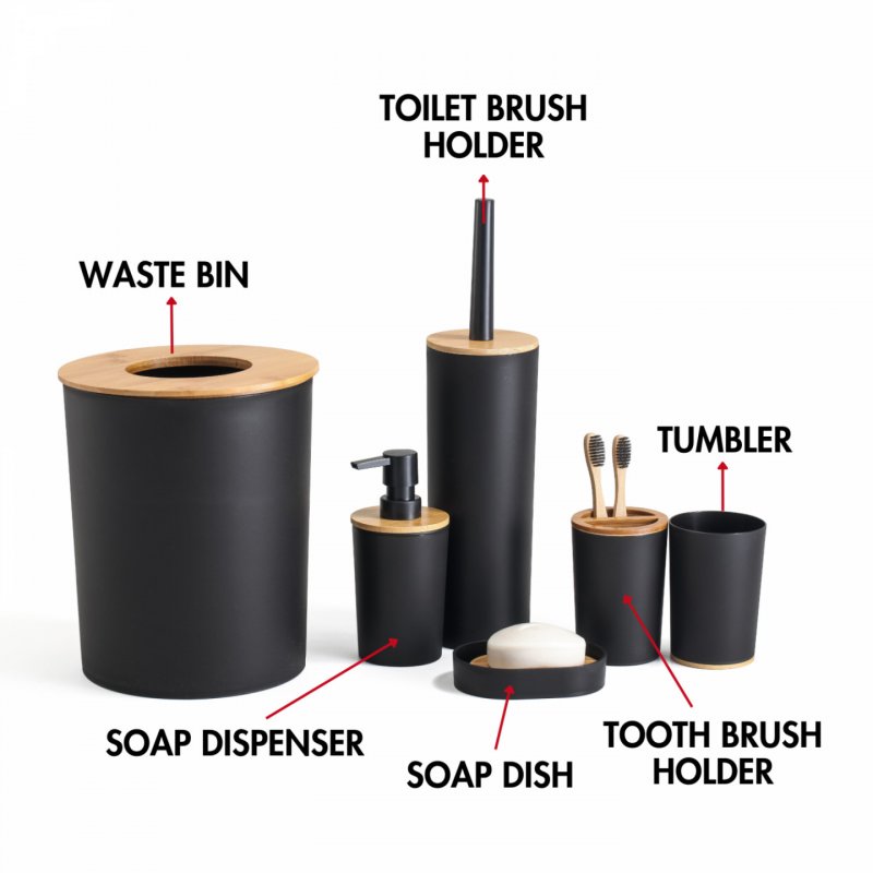 Herzberg HG-04456: 6 Pieces Bamboo Bathroom Set - Matte Black