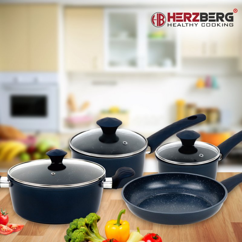 Herzberg HG-04685BLU: 7 Pieces Marble Coated Cast Iron Cookware Set - Blue
