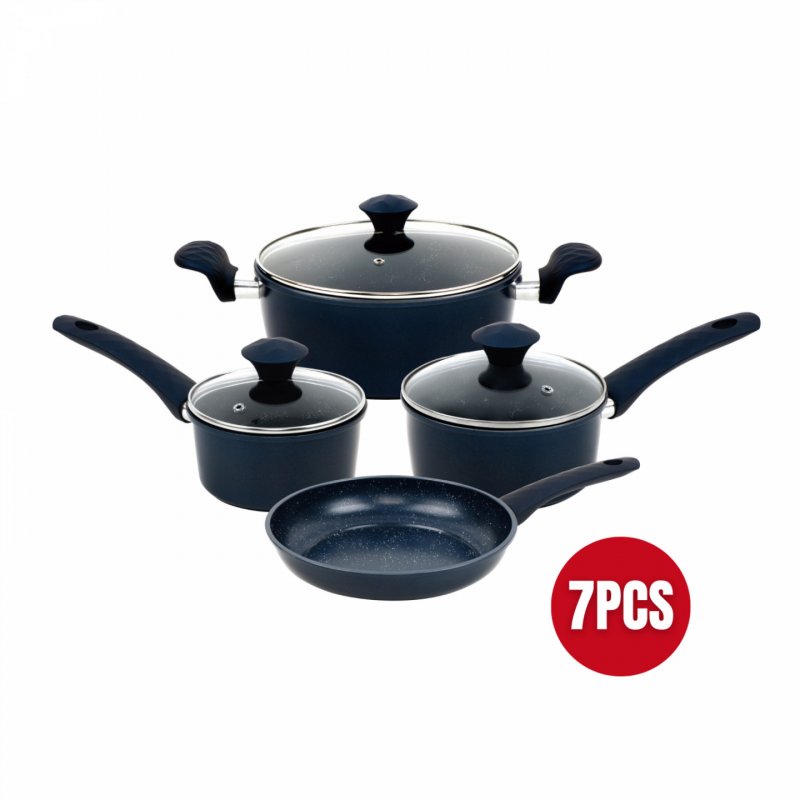 Herzberg HG-04685BLU: 7 Pieces Marble Coated Cast Iron Cookware Set - Blue