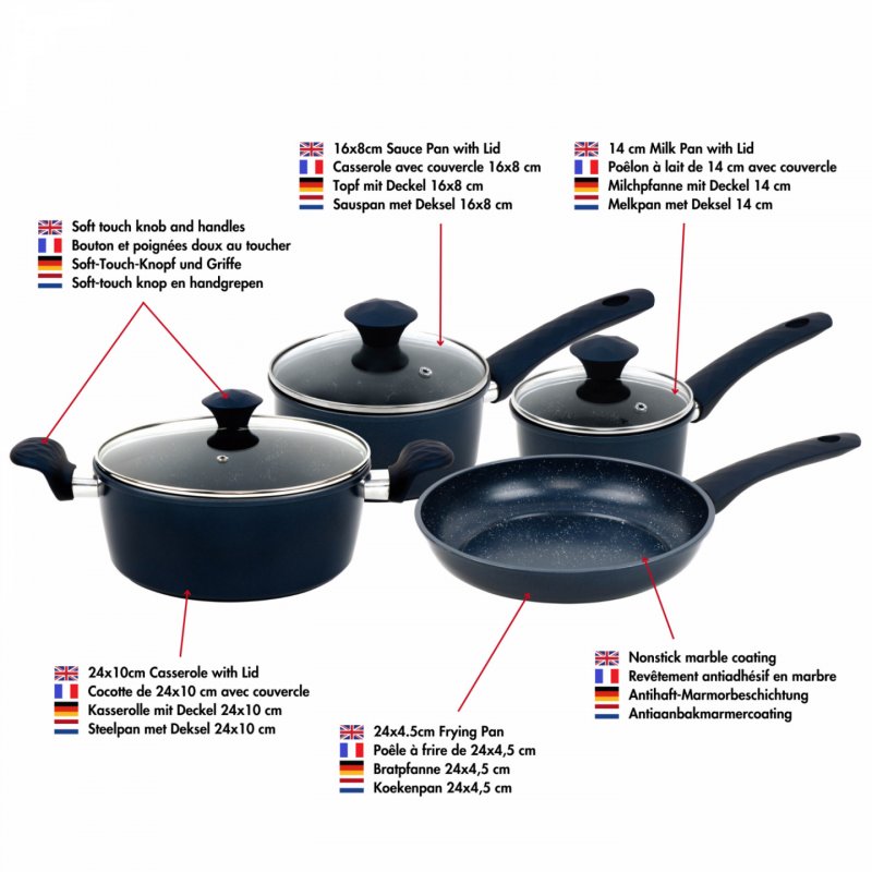 Herzberg HG-04685BLU: 7 Pieces Marble Coated Cast Iron Cookware Set - Blue