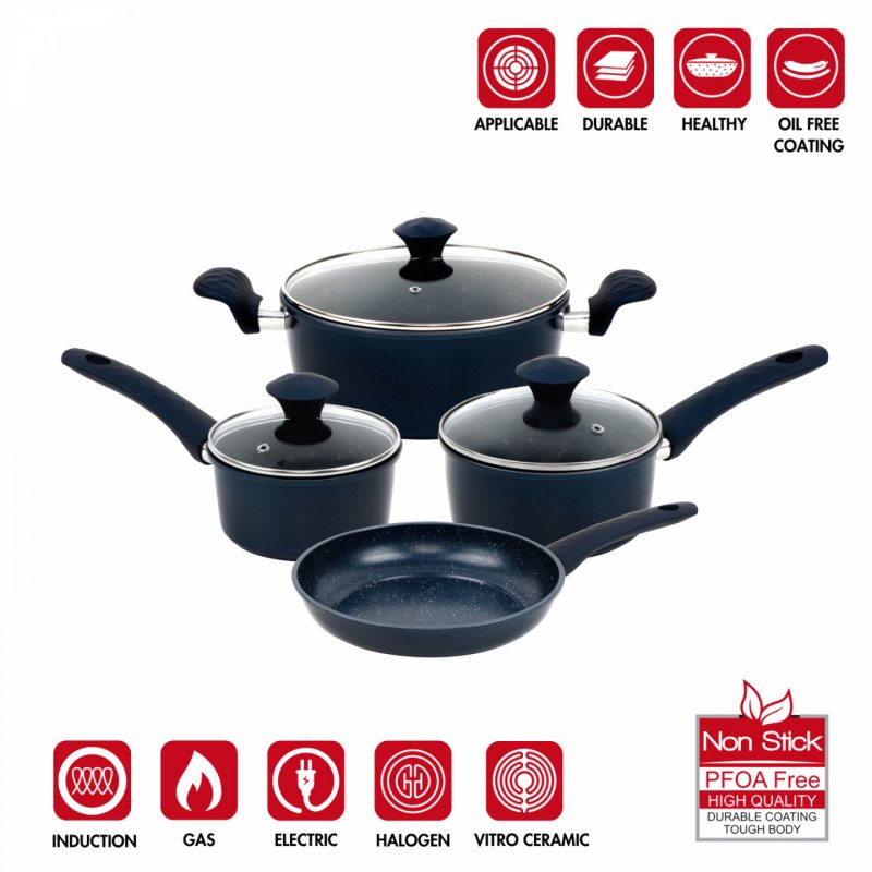 Herzberg HG-04685BLU: 7 Pieces Marble Coated Cast Iron Cookware Set - Blue