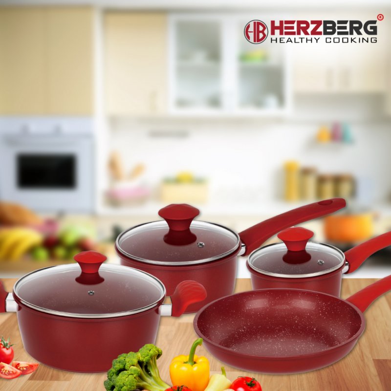 Herzberg HG-04715RED: 7 Pieces Marble Coated Cast Iron Cookware Set - Black