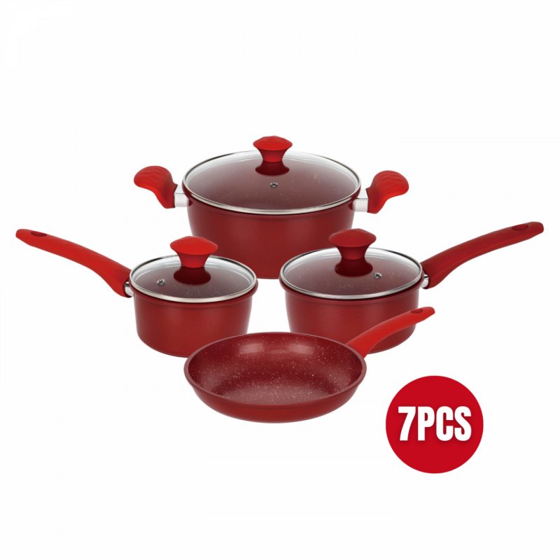 Herzberg HG-04715RED: 7 Pieces Marble Coated Cast Iron Cookware Set - Black