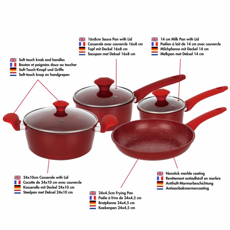 Herzberg HG-04715RED: 7 Pieces Marble Coated Cast Iron Cookware Set - Black