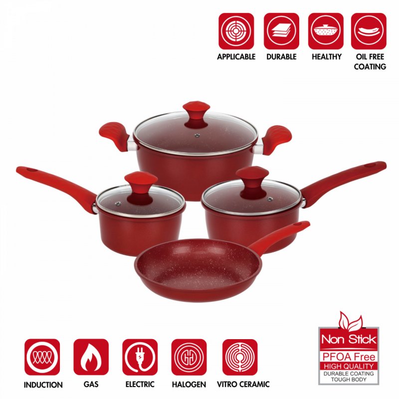 Herzberg HG-04715RED: 7 Pieces Marble Coated Cast Iron Cookware Set - Black