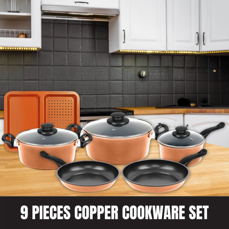 Herzberg HG-04838: 9 Pieces of Non-Stick Copper Cookware Set