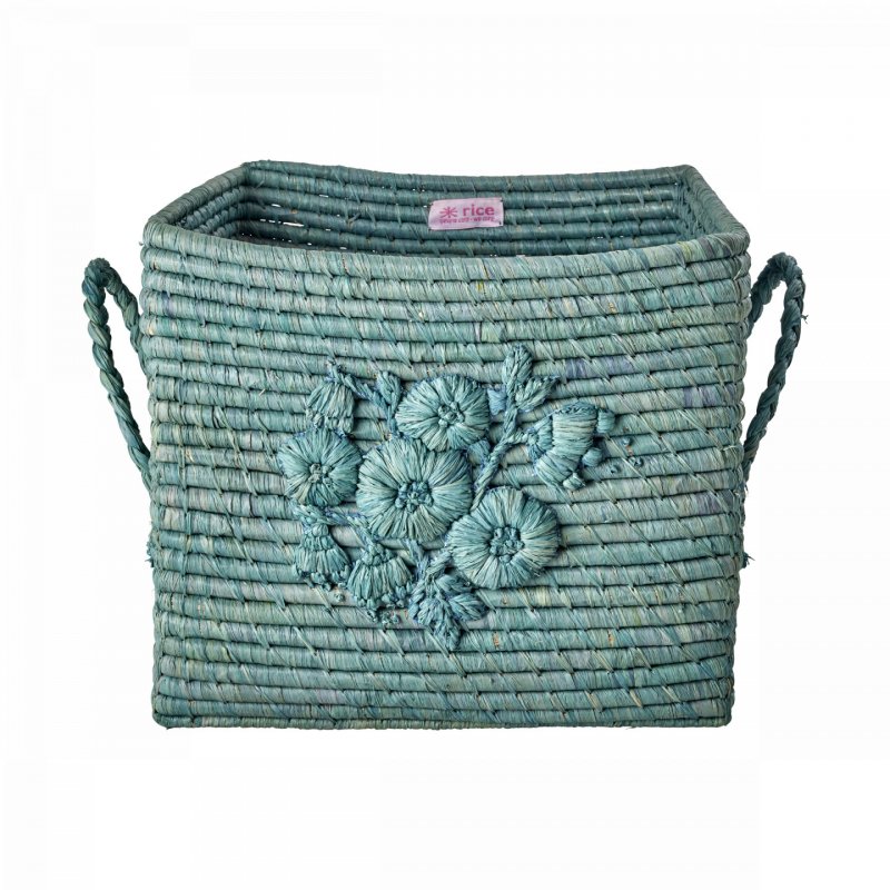 Rice - Raffia Square Basket with Flower Embroidery - Dove Blue