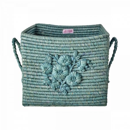 Rice - Raffia Square Basket with Flower Embroidery - Dove Blue