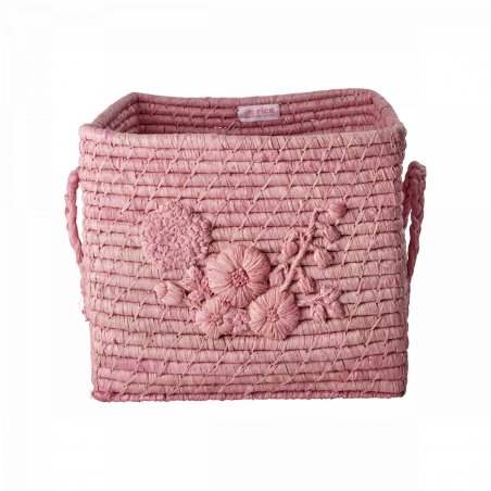 Rice - Raffia Square Basket with Flower Embroidery - Pink