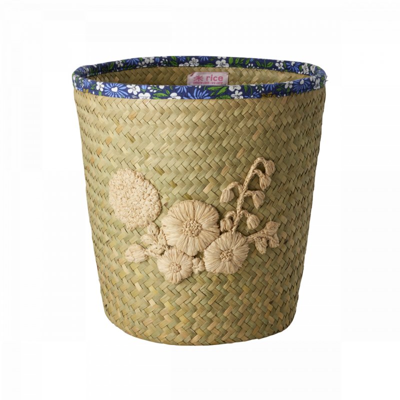 Rice - Raffia Basket with Nature Flower Embroidery - Flower Fabric Edge