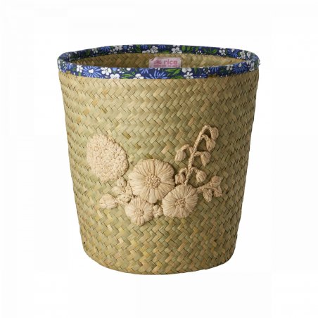 Rice - Raffia Basket with Nature Flower Embroidery - Flower Fabric Edge