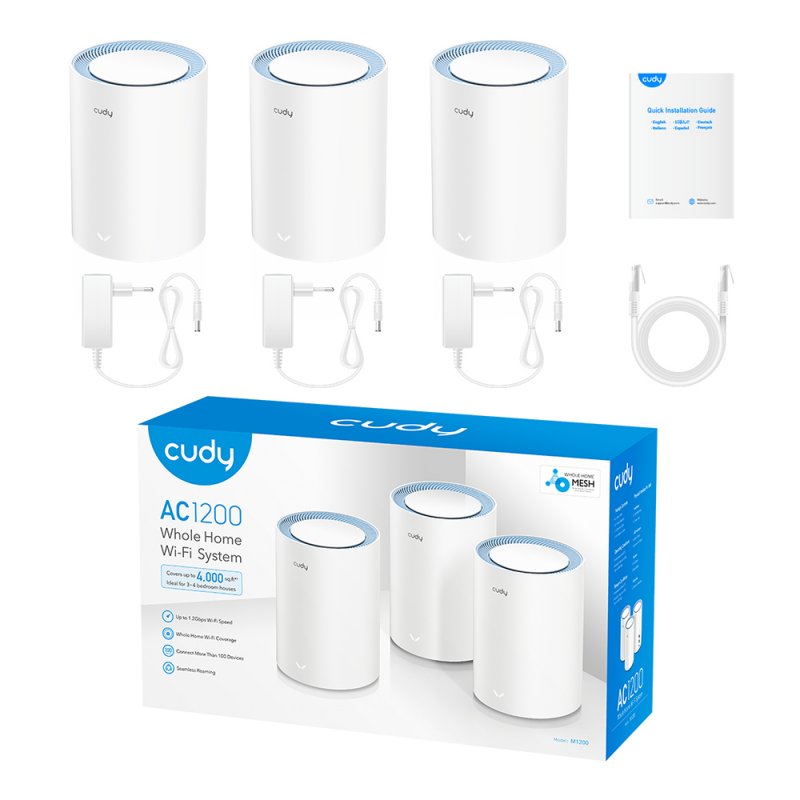 Cudy M1200 3-PACK système Wi-Fi maillé Bi-bande (2,4 GHz / 5 GHz) Wi-Fi 5 (802.11ac) Blanc 1 Interne