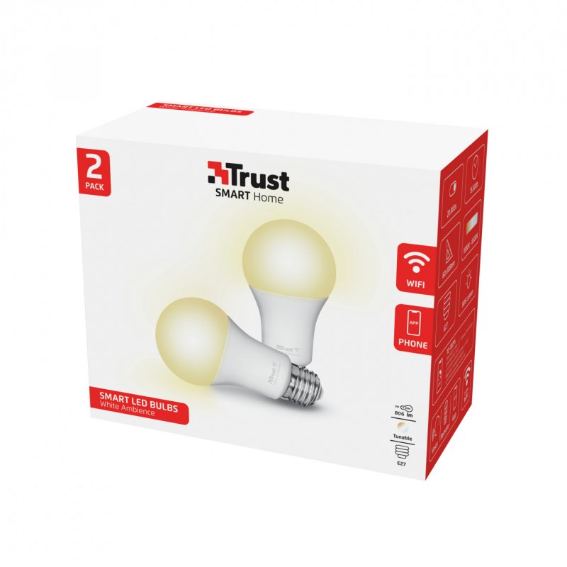 Trust E27 DUO-PACK LED CCT WI-FI Smarte WiFi LED-Lampe, Lichtstimmung weiß, Fassung E27, von Ihrem Smartphone/Tablet