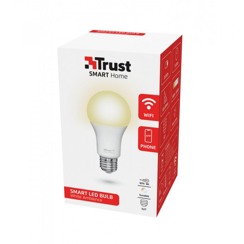 Trust E27 LED CCT WI-FI Smarte WiFi LED-Lampe, Lichtstimmung weiß, Fassung E27, von Ihrem Smartphone/Tablet zu steuern