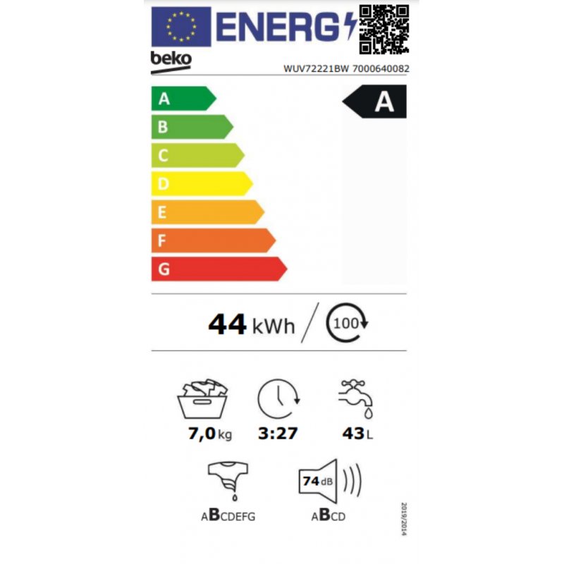 Beko WUV72221BW machine à laver Charge avant 7 kg 1200 tr/min Blanc