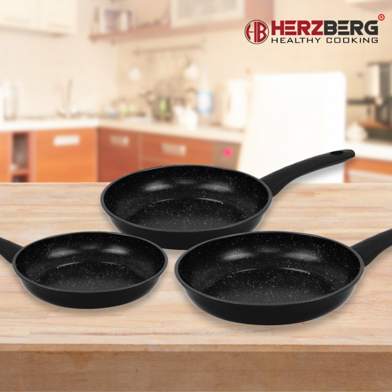 Herzberg HG-04746BLK: 3 Pieces Marble Coated Forged Frying Pan Set - Black