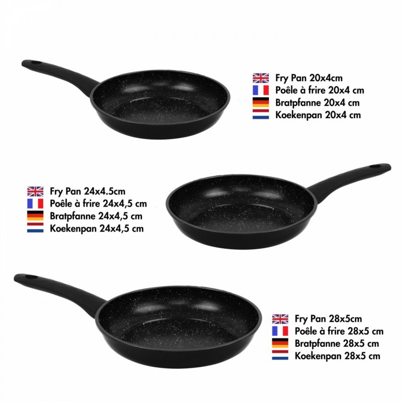 Herzberg HG-04746BLK: 3 Pieces Marble Coated Forged Frying Pan Set - Black
