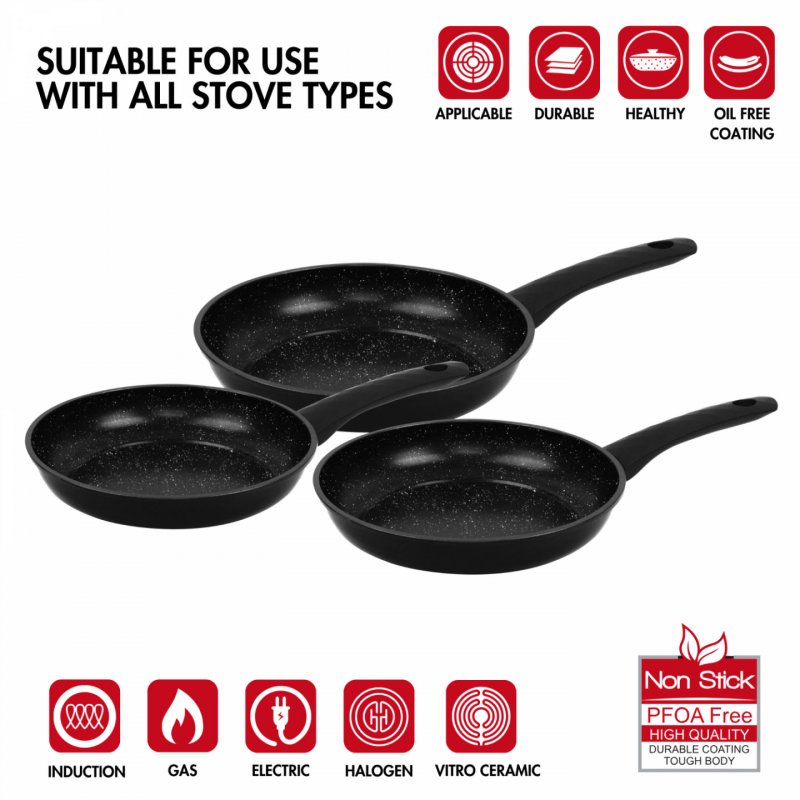 Herzberg HG-04746BLK: 3 Pieces Marble Coated Forged Frying Pan Set - Black