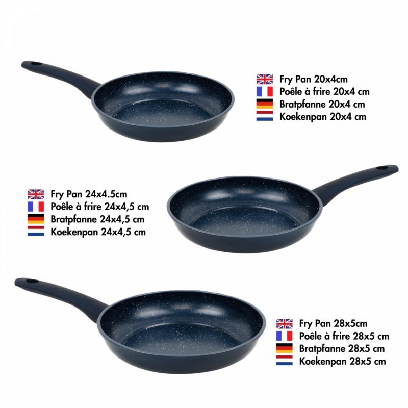 Herzberg HG-04777BLU: 3 Pieces Marble Coated Forged Frying Pan Set - Blue