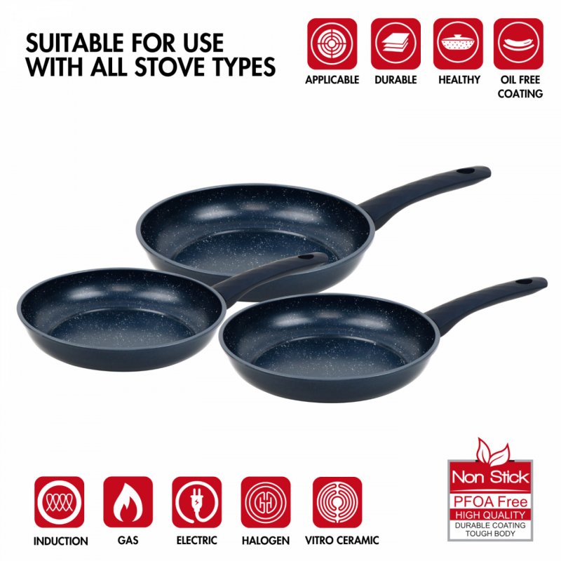 Herzberg HG-04777BLU: 3 Pieces Marble Coated Forged Frying Pan Set - Blue