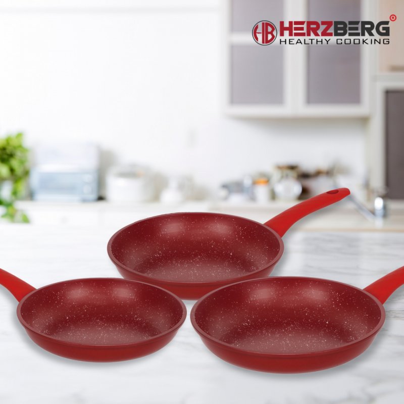 Herzberg HG-04807RED: 3 Pieces Marble Coated Forged Frying Pan Set - Red