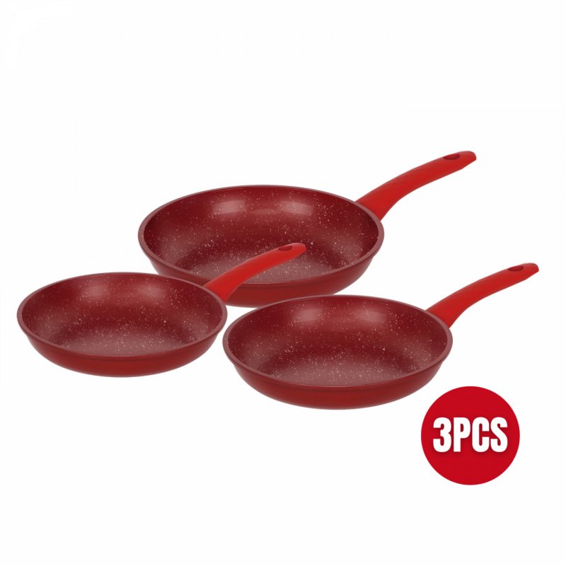 Herzberg HG-04807RED: 3 Pieces Marble Coated Forged Frying Pan Set - Red