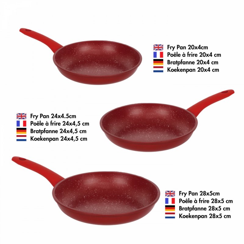 Herzberg HG-04807RED: 3 Pieces Marble Coated Forged Frying Pan Set - Red