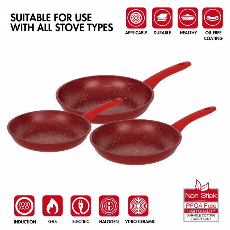Herzberg HG-04807RED: 3 Pieces Marble Coated Forged Frying Pan Set - Red