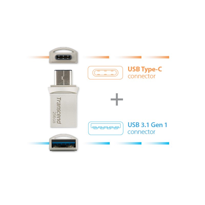 Transcend JetFlash 890 lecteur USB flash 256 Go USB Type-A / USB Type-C 3.2 Gen 1 (3.1 Gen 1) Argent