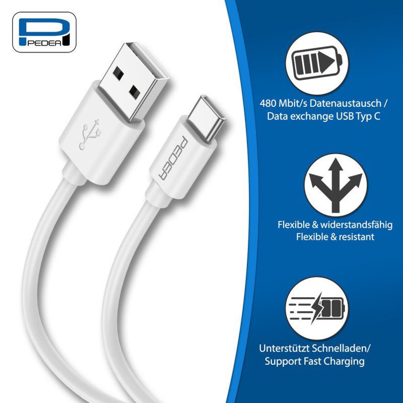 PEDEA Daten- und Schnellladekabel USB-A/USB-C weiß, 1 Meter Länge, 480 Mbit/s Übertragungsrate